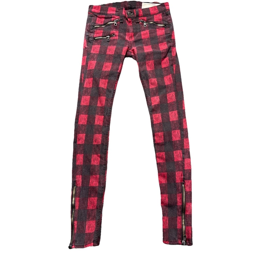 Rag & Bone Pants Womens 25 Red Black Buffalo Check Low Rise‎ Skinny Stretch Moto